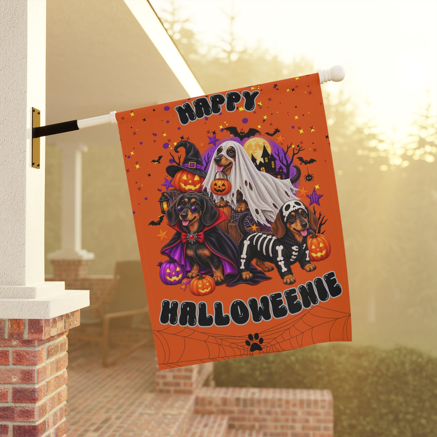 "Happy Halloweenie" — Halloween Garden Flag - Dachshund