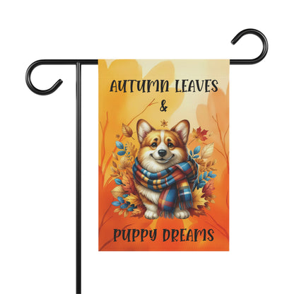 Autumn Leaves & Puppy Dreams Garden Flag — Cute Corgi Fall House Banner