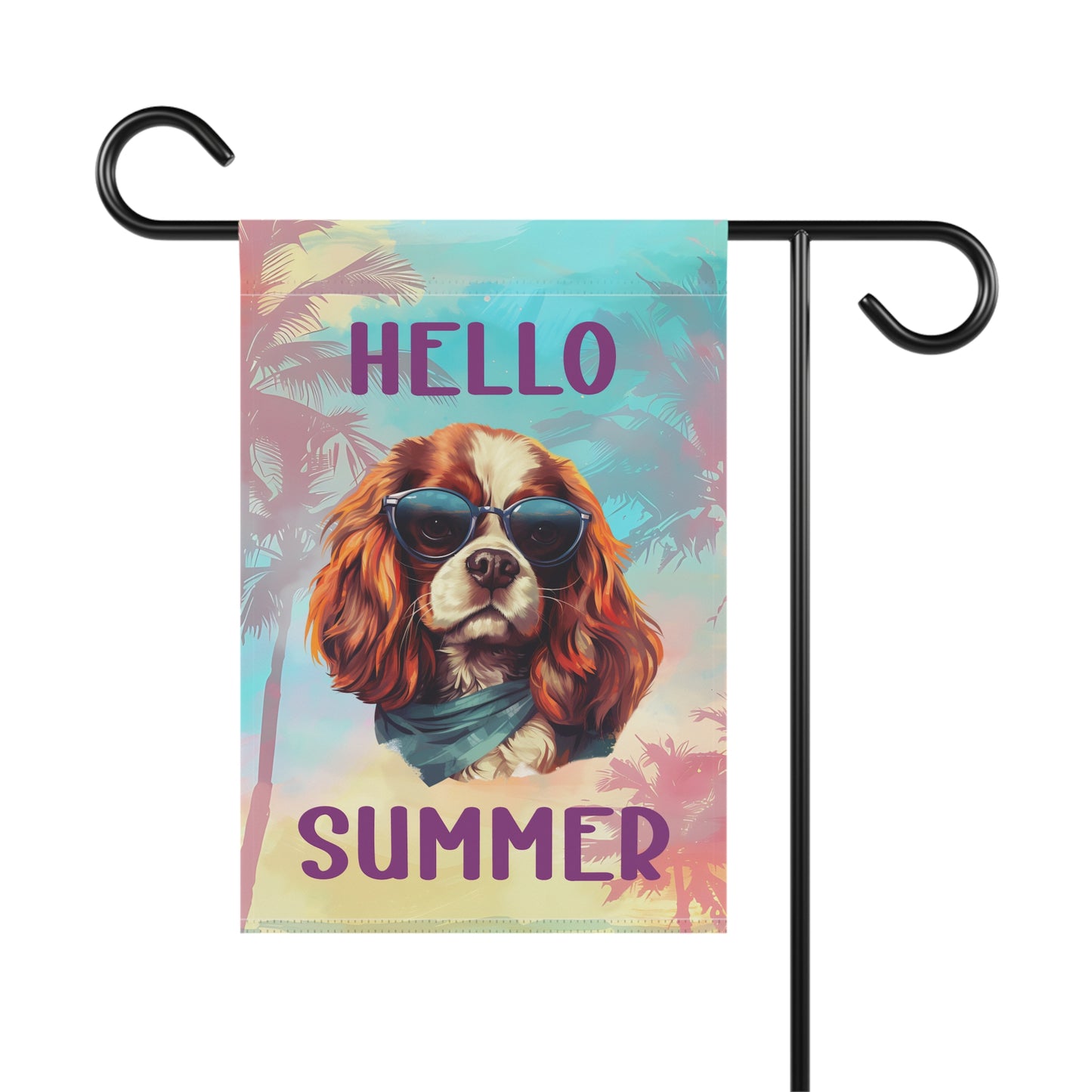"Hello Summer" Cavalier King Charles Spaniel with Sunglasses -Outdoor House Banner/Garden Flag