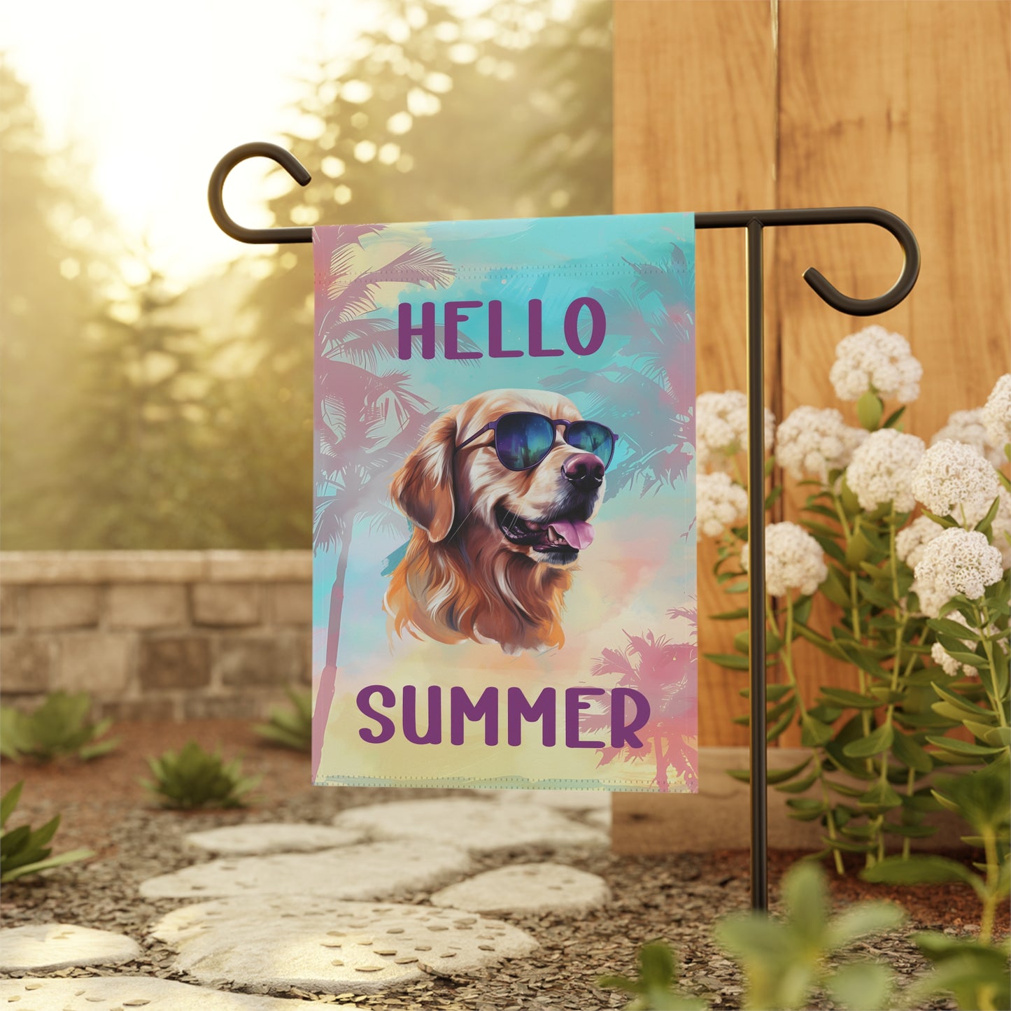 "Hello Summer" Golden Retriever with Sunglasses -Outdoor House Banner/Garden Flag