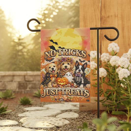“No Tricks Just Treats” Halloween Garden Flag — Cute Dogs Pumpkin Decoration