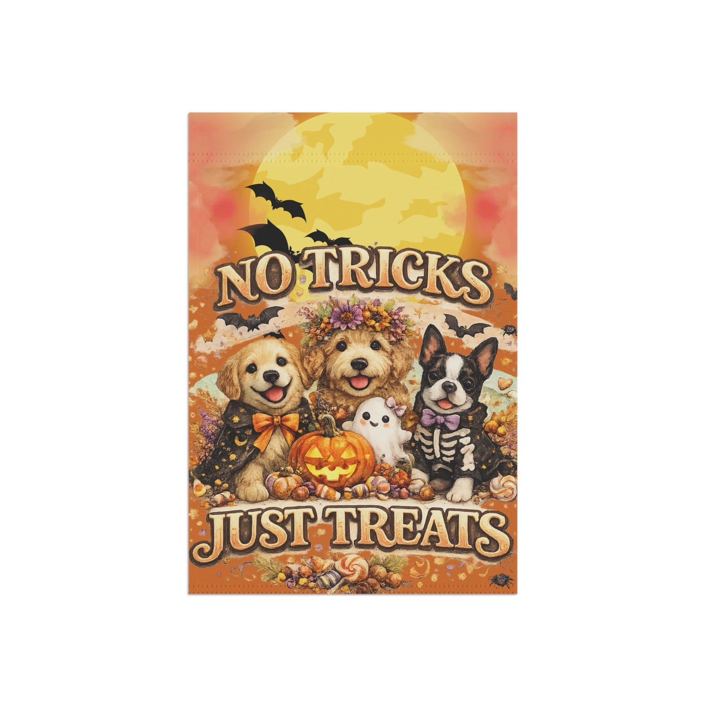 “No Tricks Just Treats” Halloween Garden Flag — Cute Dogs Pumpkin Decoration