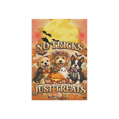 “No Tricks Just Treats” Halloween Garden Flag — Cute Dogs Pumpkin Decoration
