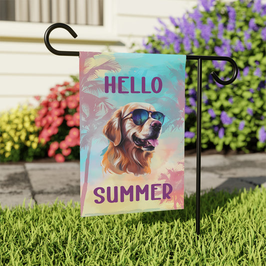 "Hello Summer" Golden Retriever with Sunglasses -Outdoor House Banner/Garden Flag