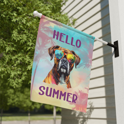 "Hello Summer" Boxer with Sunglasses -Outdoor House Banner/Garden Flag