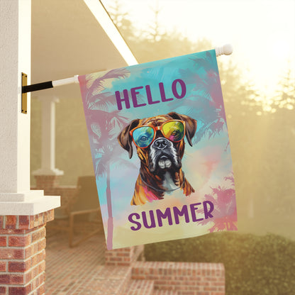 "Hello Summer" Boxer with Sunglasses -Outdoor House Banner/Garden Flag