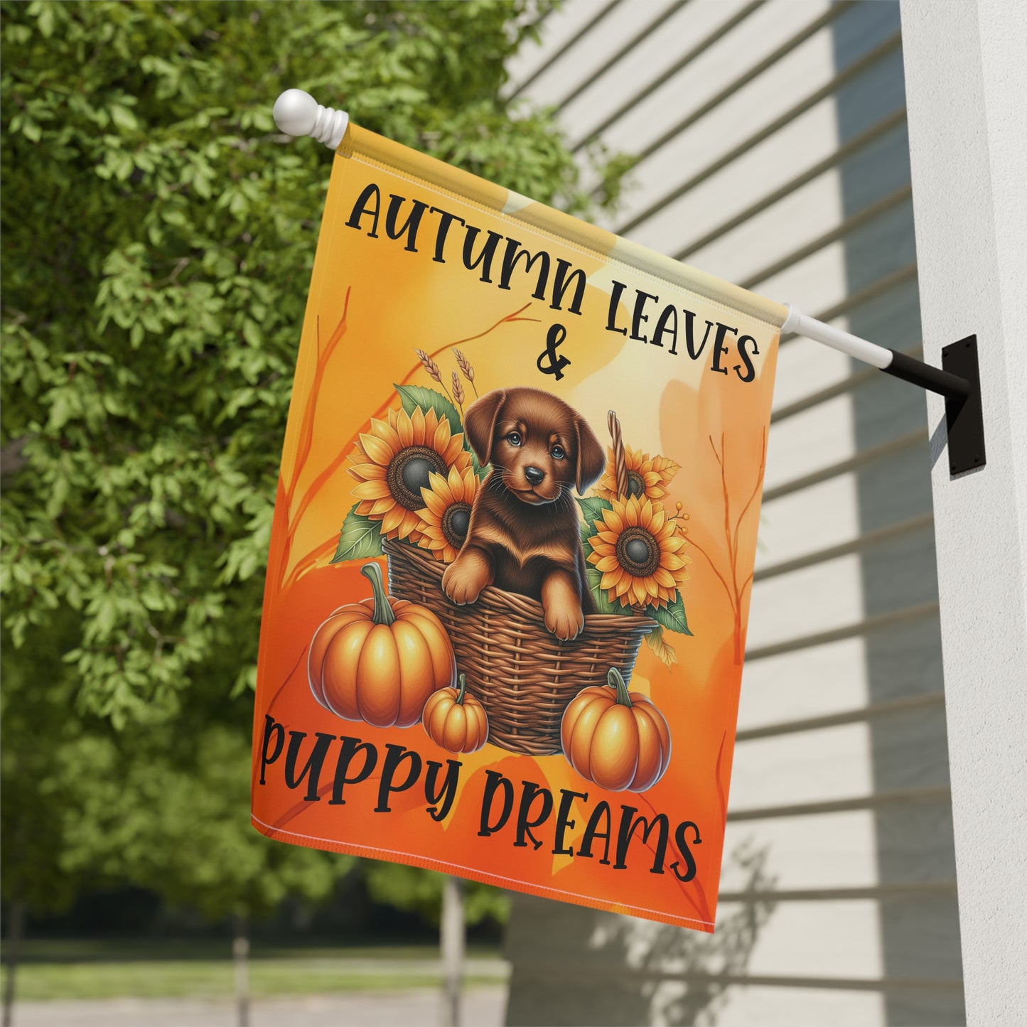Autumn Leaves & Puppy Dreams Garden Flag — Custom Dog Breed