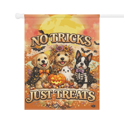 “No Tricks Just Treats” Halloween Garden Flag — Cute Dogs Pumpkin Decoration