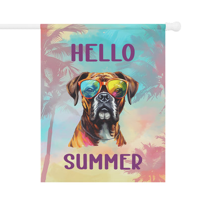 "Hello Summer" Boxer with Sunglasses -Outdoor House Banner/Garden Flag