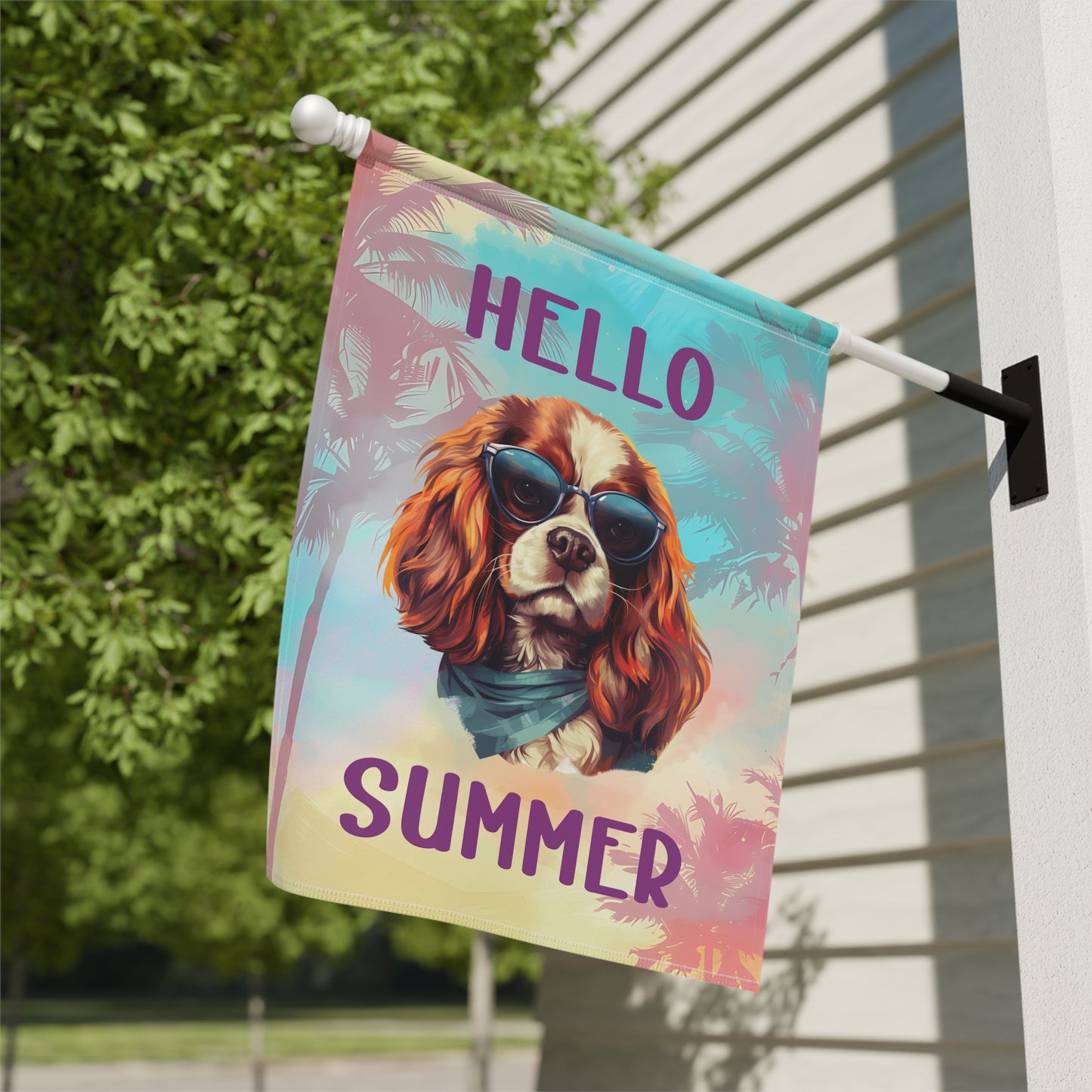 "Hello Summer" Cavalier King Charles Spaniel with Sunglasses -Outdoor House Banner/Garden Flag