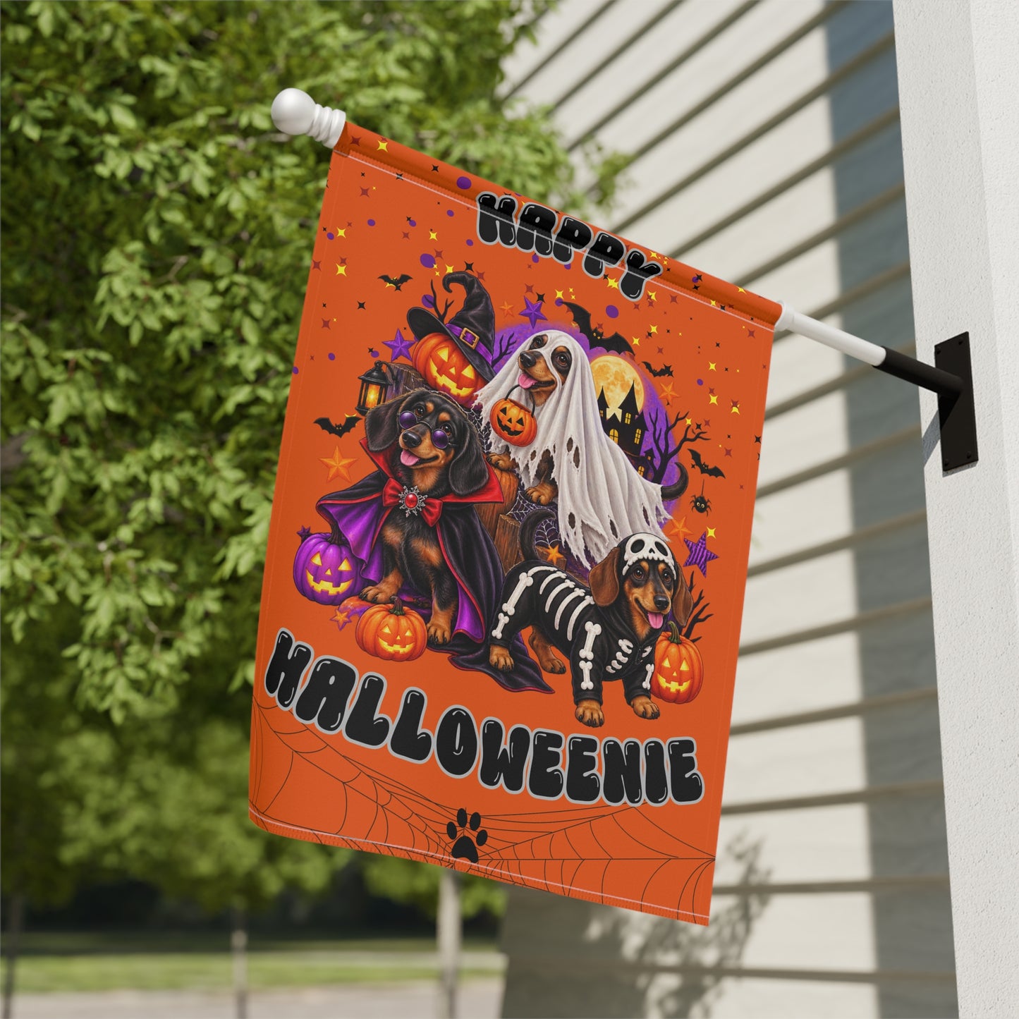 "Happy Halloweenie" — Halloween Garden Flag - Dachshund
