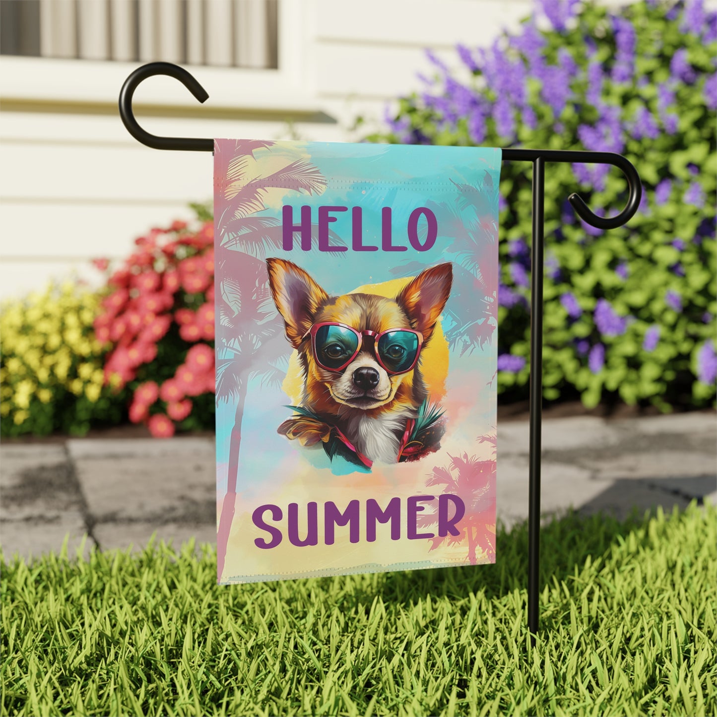 "Hello Summer"  with Sunglasses Chihuahua -Outdoor House Banner/Garden Flag