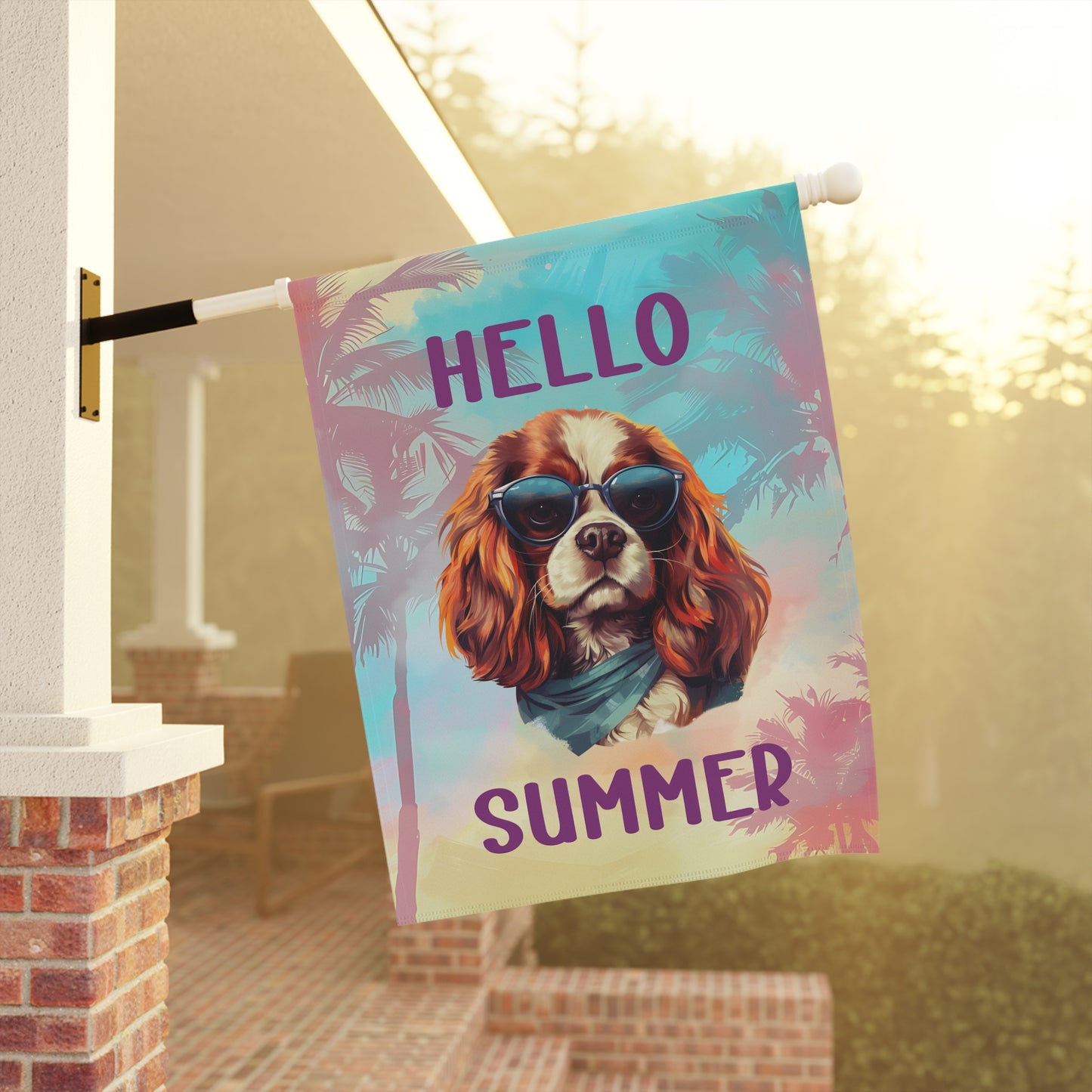 "Hello Summer" Cavalier King Charles Spaniel with Sunglasses -Outdoor House Banner/Garden Flag