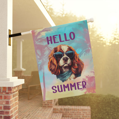 "Hello Summer" Cavalier King Charles Spaniel with Sunglasses -Outdoor House Banner/Garden Flag