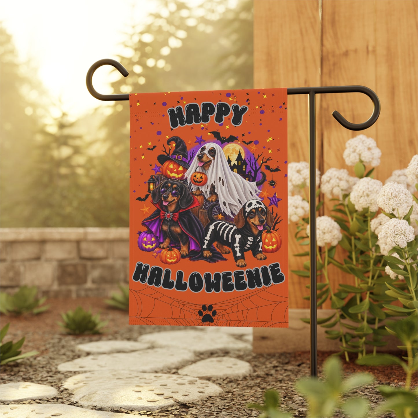 "Happy Halloweenie" — Halloween Garden Flag - Dachshund