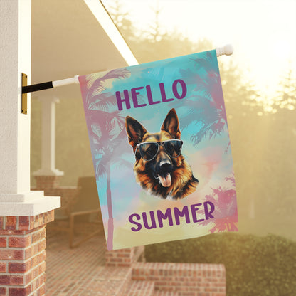 "Hello Summer" German Shepherd with Sunglasses -Outdoor House Banner/Garden Flag