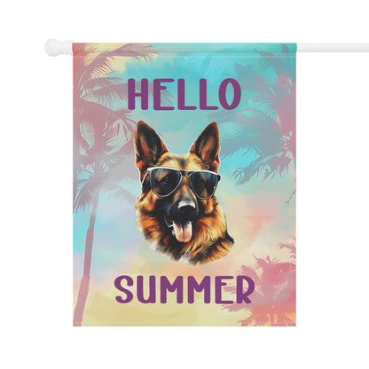 "Hello Summer" German Shepherd with Sunglasses -Outdoor House Banner/Garden Flag