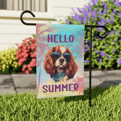 "Hello Summer" Cavalier King Charles Spaniel with Sunglasses -Outdoor House Banner/Garden Flag