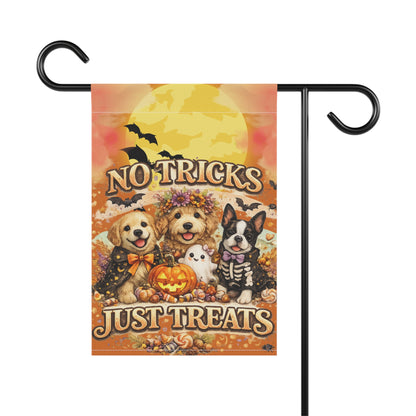 “No Tricks Just Treats” Halloween Garden Flag — Cute Dogs Pumpkin Decoration