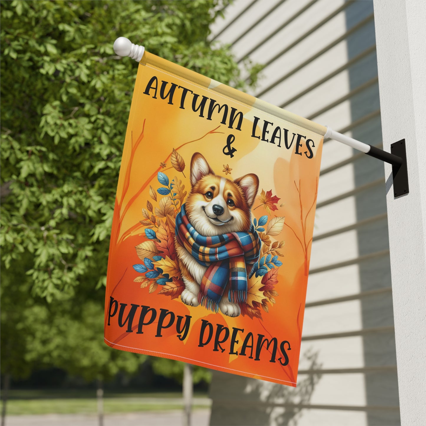 Autumn Leaves & Puppy Dreams Garden Flag — Cute Corgi Fall House Banner