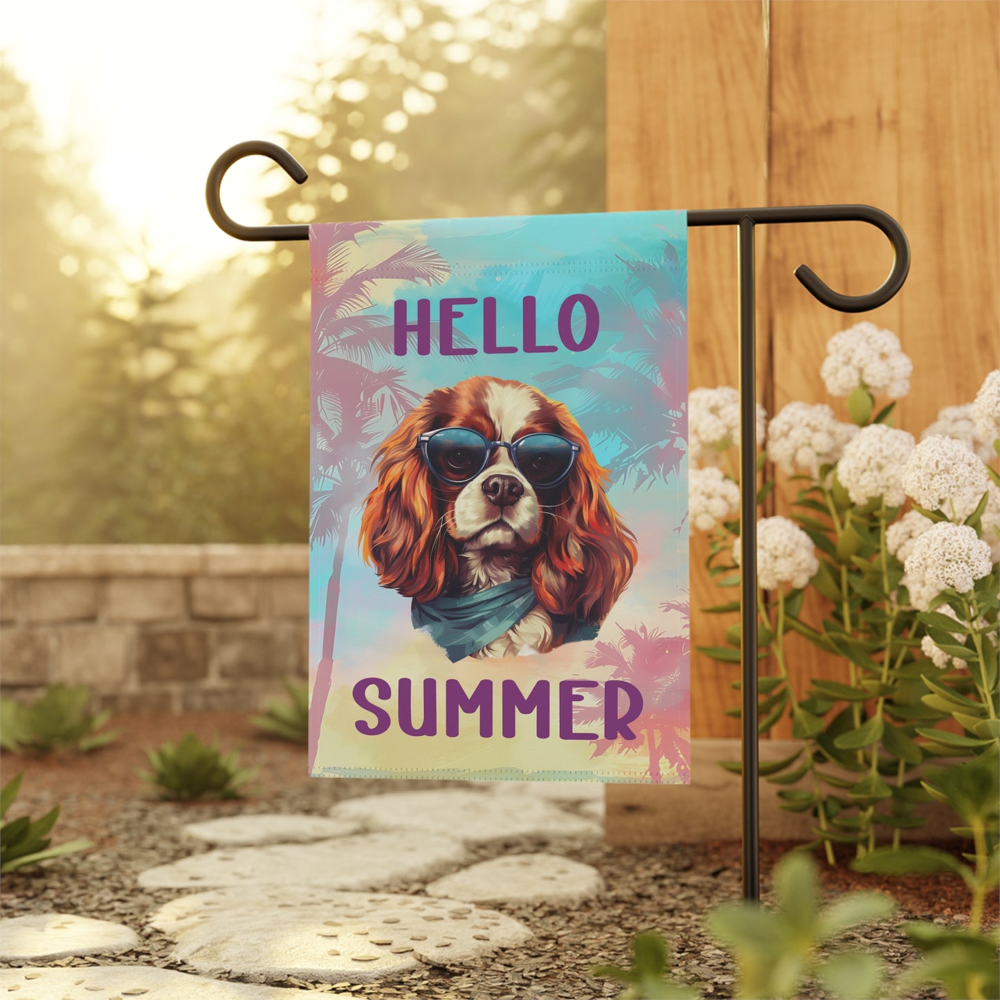 "Hello Summer" Cavalier King Charles Spaniel with Sunglasses -Outdoor House Banner/Garden Flag
