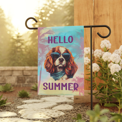 "Hello Summer" Cavalier King Charles Spaniel with Sunglasses -Outdoor House Banner/Garden Flag