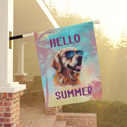 "Hello Summer" Golden Retriever with Sunglasses -Outdoor House Banner/Garden Flag