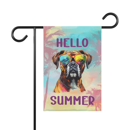 "Hello Summer" Boxer with Sunglasses -Outdoor House Banner/Garden Flag
