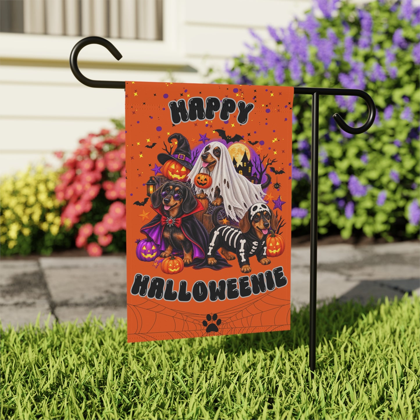 "Happy Halloweenie" — Halloween Garden Flag - Dachshund