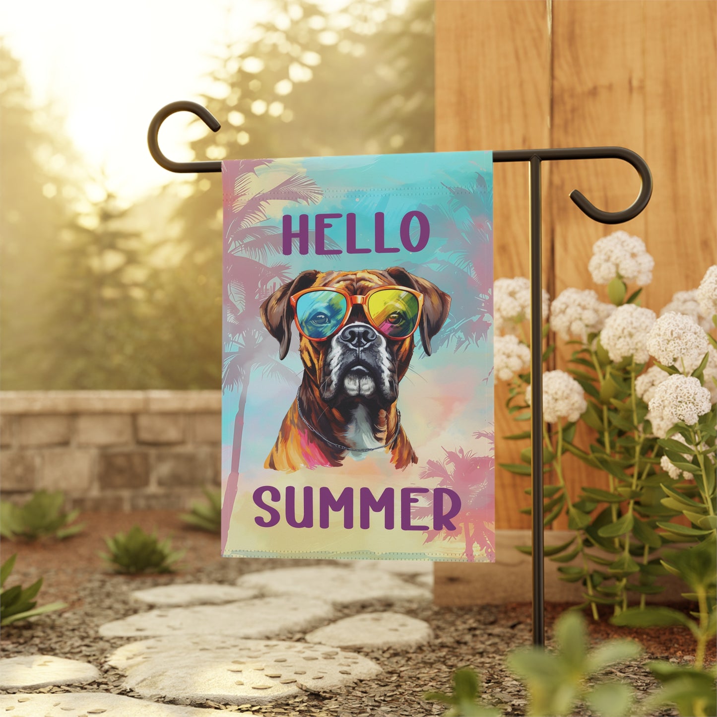 "Hello Summer" Boxer with Sunglasses -Outdoor House Banner/Garden Flag