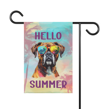 "Hello Summer" Boxer with Sunglasses -Outdoor House Banner/Garden Flag