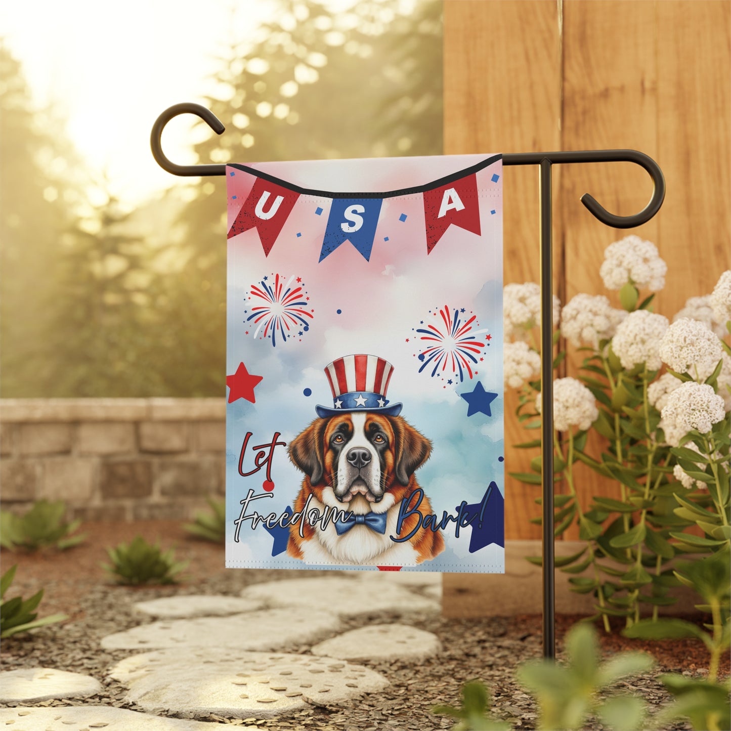 Patriotic Dog Garden Flag - Saint Bernard – 'Let Freedom Bark' USA Banner