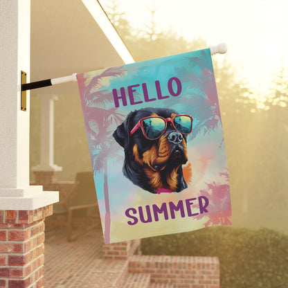 "Hello Summer" Rottweiler with Sunglasses -Outdoor House Banner/Garden Flag