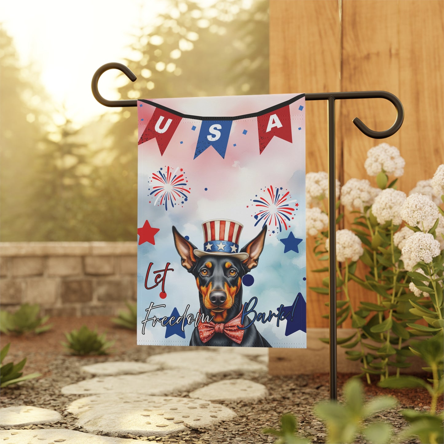 Patriotic Dog Garden Flag - Doberman – 'Let Freedom Bark' USA Banner