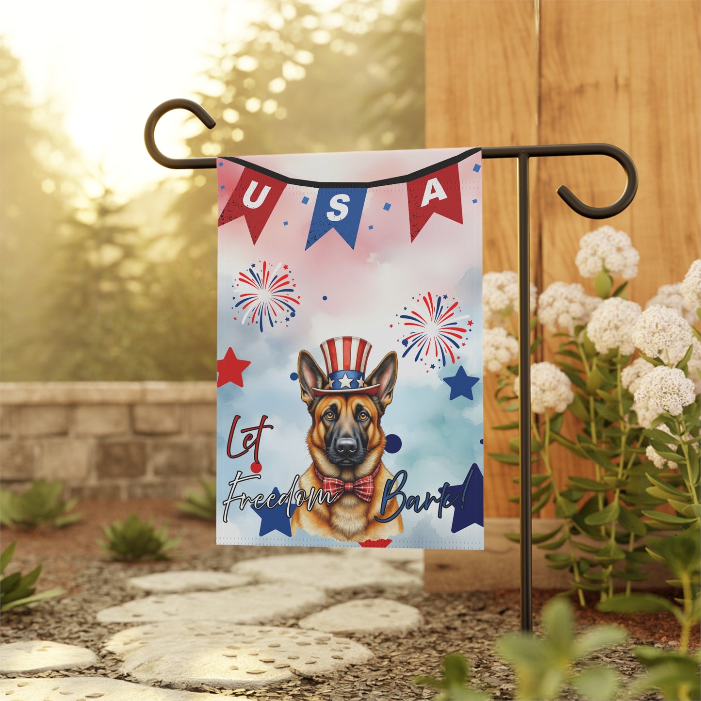 Patriotic Dog Garden Flag - Belgian Malinois – 'Let Freedom Bark' USA Banner