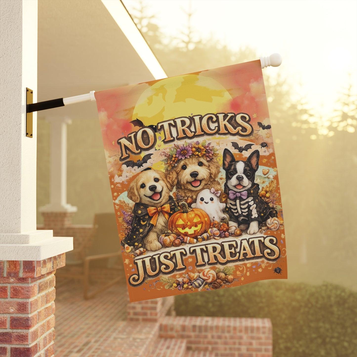 “No Tricks Just Treats” Halloween Garden Flag — Cute Dogs Pumpkin Decoration