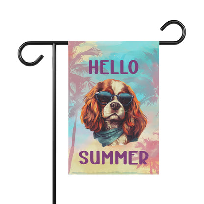 "Hello Summer" Cavalier King Charles Spaniel with Sunglasses -Outdoor House Banner/Garden Flag