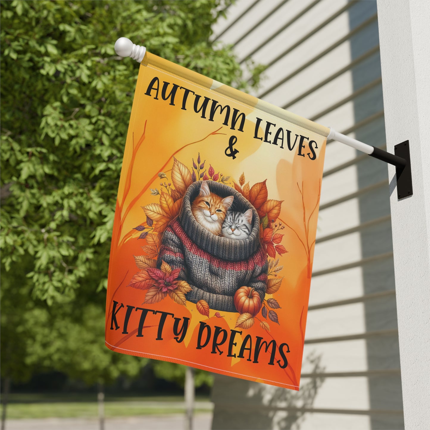 Autumn Leaves & Kitty Dreams Garden Flag - Orange and Tabby cat