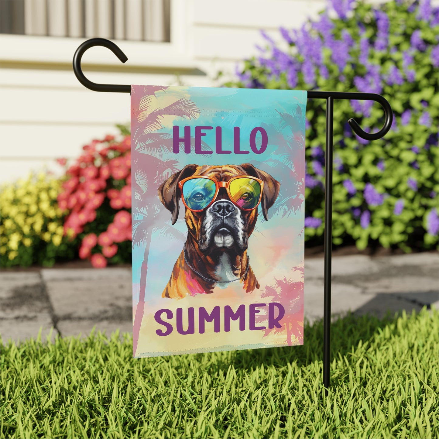 "Hello Summer" Boxer with Sunglasses -Outdoor House Banner/Garden Flag