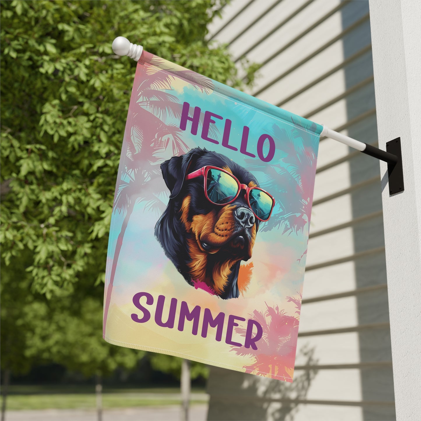 "Hello Summer" Rottweiler with Sunglasses -Outdoor House Banner/Garden Flag