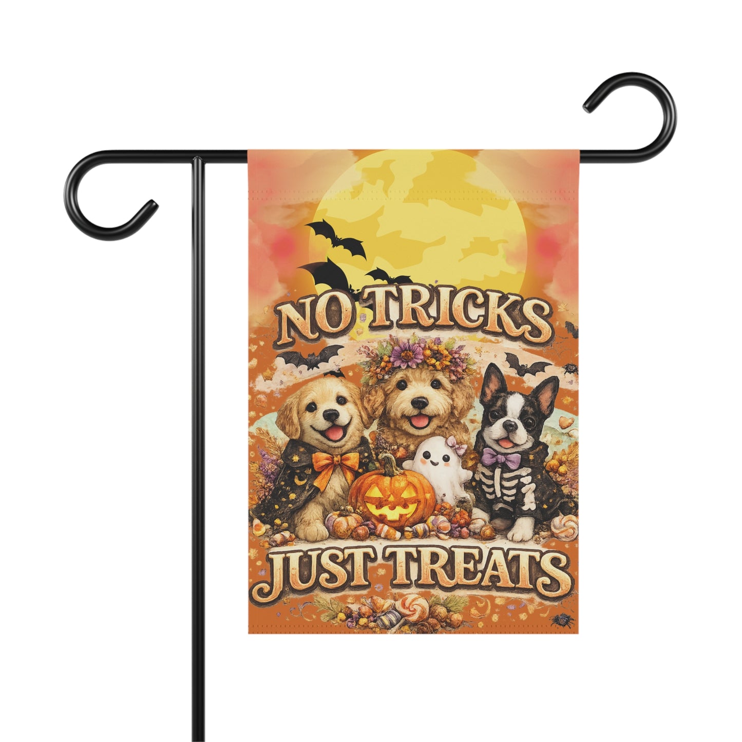 “No Tricks Just Treats” Halloween Garden Flag — Cute Dogs Pumpkin Decoration