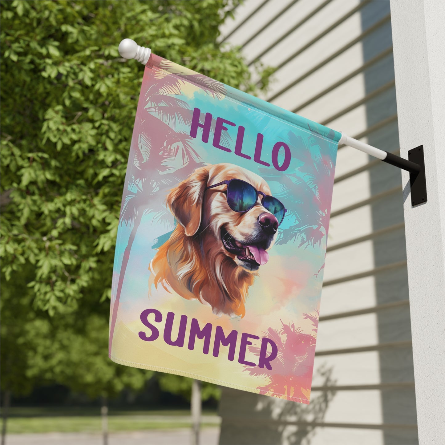 "Hello Summer" Golden Retriever with Sunglasses -Outdoor House Banner/Garden Flag