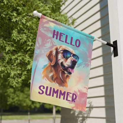 "Hello Summer" Golden Retriever with Sunglasses -Outdoor House Banner/Garden Flag