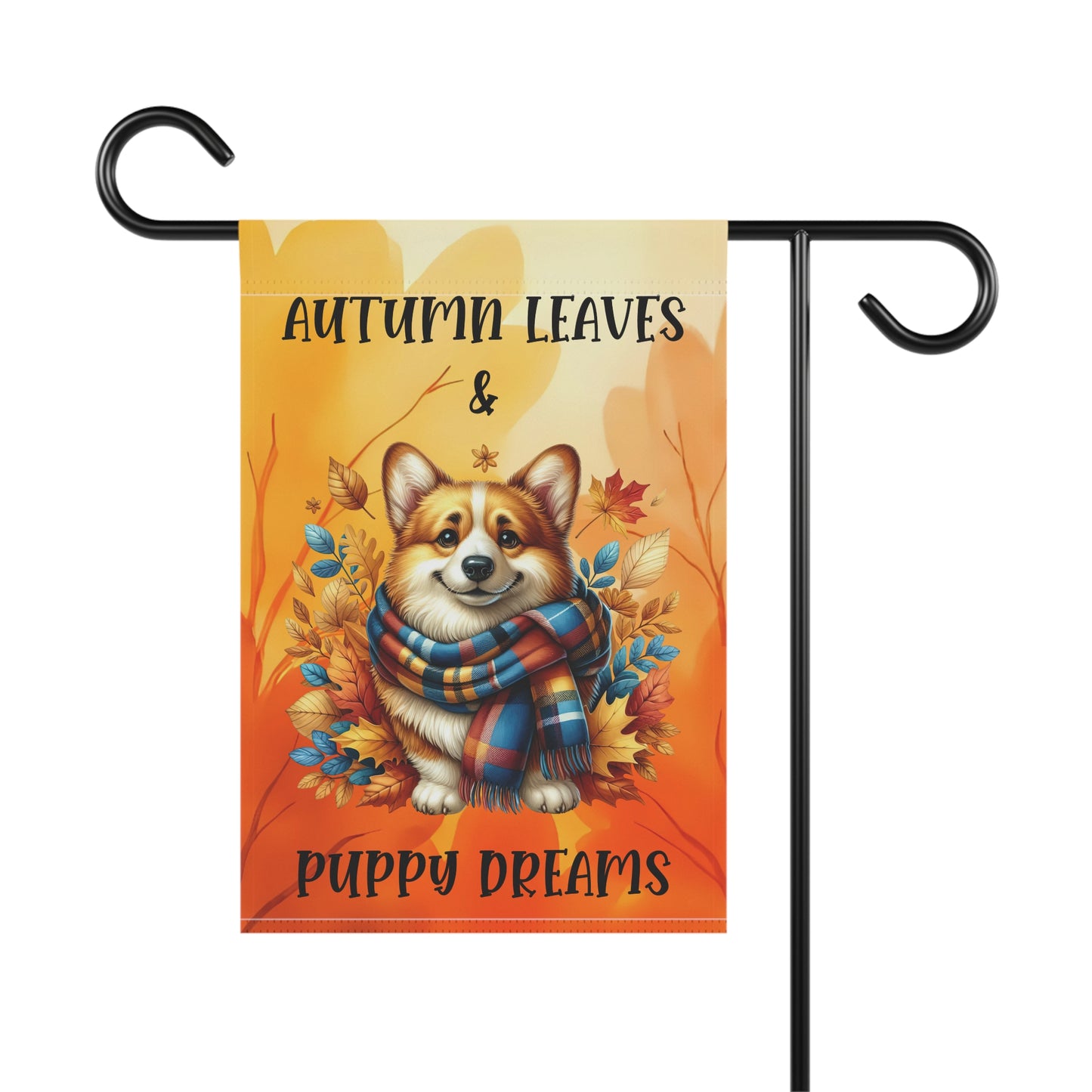 Autumn Leaves & Puppy Dreams Garden Flag — Cute Corgi Fall House Banner