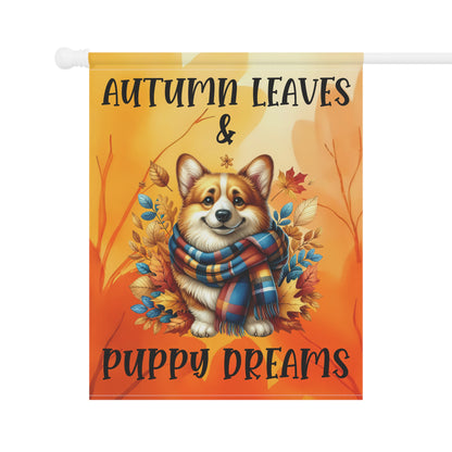 Autumn Leaves & Puppy Dreams Garden Flag — Cute Corgi Fall House Banner
